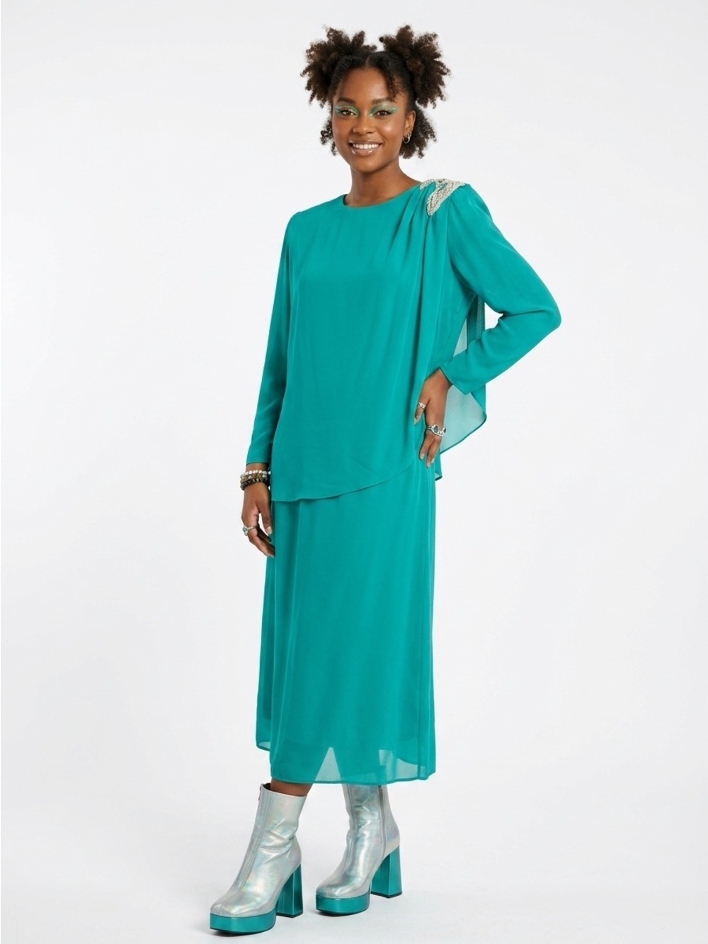 Ursula of Switzerland Vintage Beaded Chiffon Midi Dress Green Modern XL